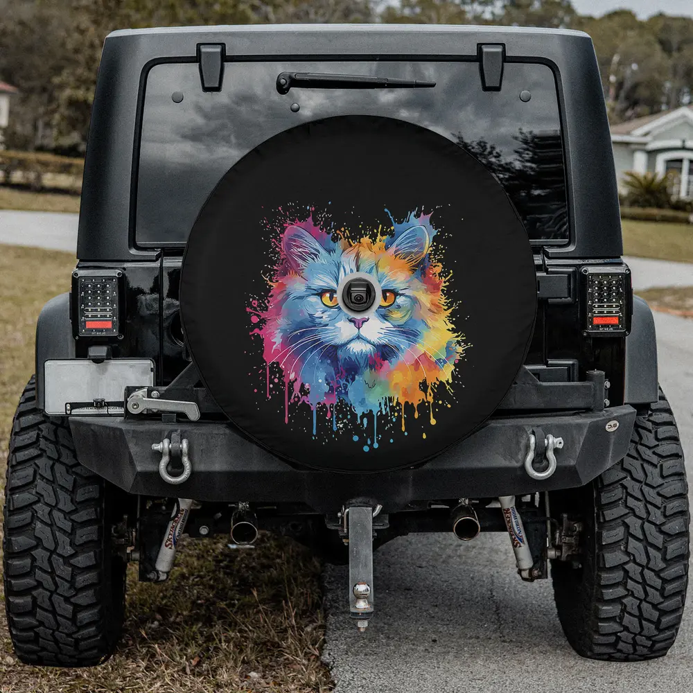Colorful Splash Art Selkirk Rex Cat Face Spare Tire Cover for Jeep SUV RV - Image 2
