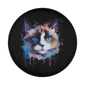 Artistic snowshoe cat face with blue eyes and watercolor splash on black background