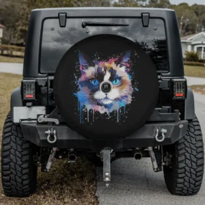 Colorful snowshoe cat face splash art spare tire cover with backup camera hole option
