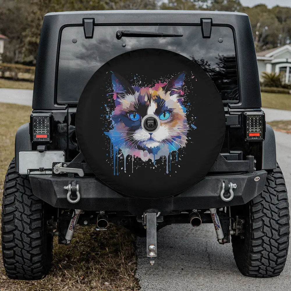 Colorful snowshoe cat face splash art spare tire cover with backup camera hole option