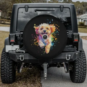 Colorful splash art Cavapoo dog spare tire cover with backup camera hole, vibrant design