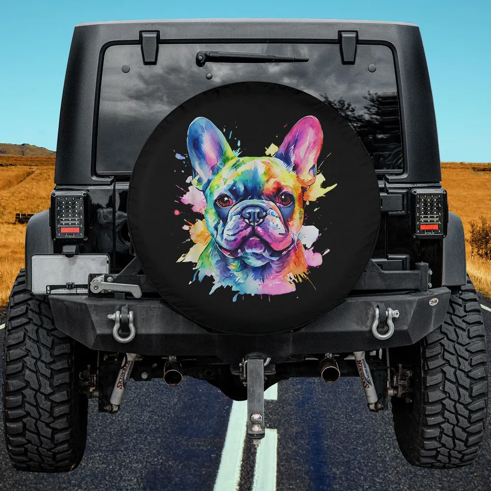 Colorful splash art French Bulldog portrait spare tire cover with no camera hole for Jeep, SUV, RV
