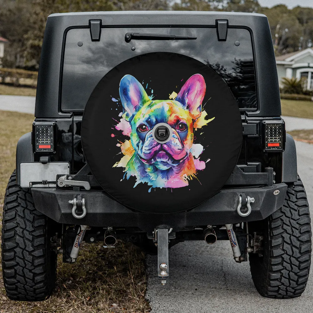 Colorful splash art French Bulldog portrait spare tire cover with backup camera hole for Jeep, SUV, RV