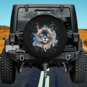 Colorful splash art blue eyes snowshoe cat face spare tire cover no camera hole