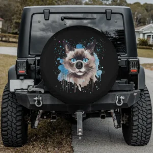 Colorful splash art blue eyes snowshoe cat face spare tire cover with camera hole