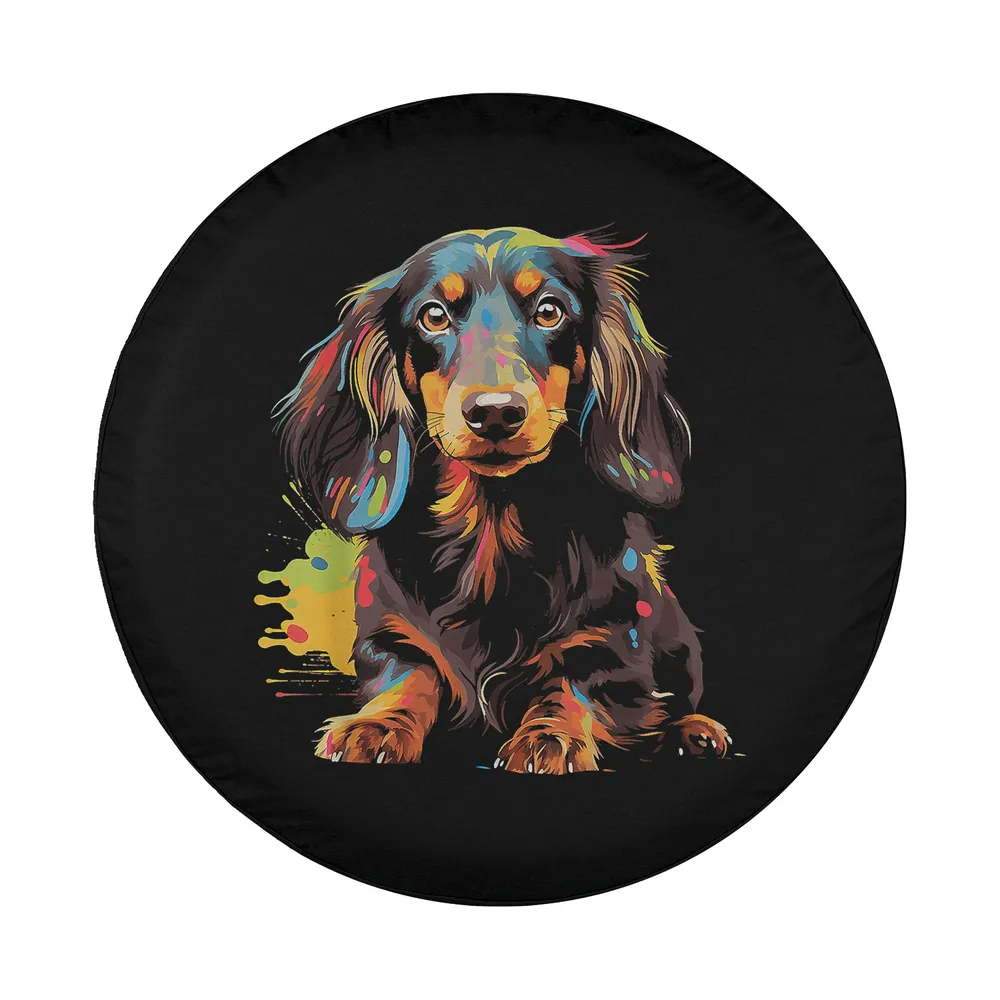 Watercolor splash long hair dachshund puppy dog art for spare tire cover