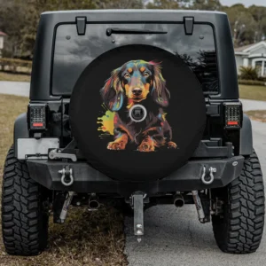 Colorful splash long hair dachshund puppy spare tire cover with backup camera hole for Jeep or SUV