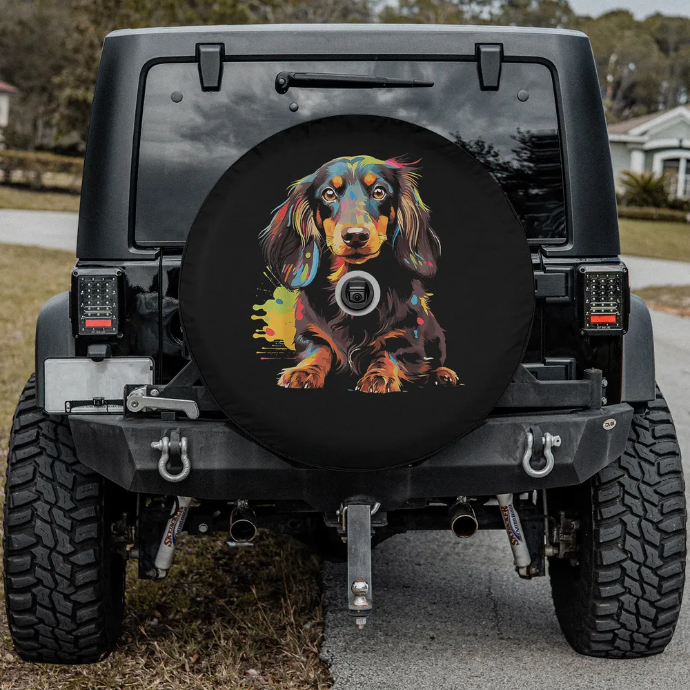 Colorful splash long hair dachshund puppy spare tire cover with backup camera hole for Jeep or SUV
