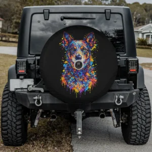 Blue Heeler dog spare tire cover with camera hole, multicolor splatter portrait