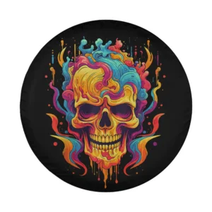 Psychedelic colorful sugar skull bone Halloween spare tire cover design close-up