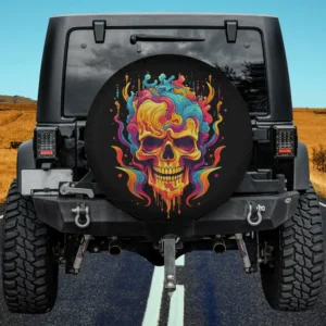 Colorful swirling sugar skull bone Halloween spare tire cover with psychedelic flames, no camera hole