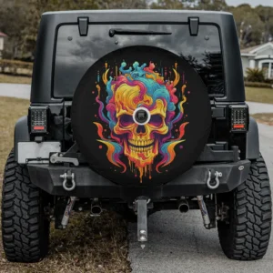 Colorful swirling sugar skull bone Halloween spare tire cover with backup camera hole, vibrant design