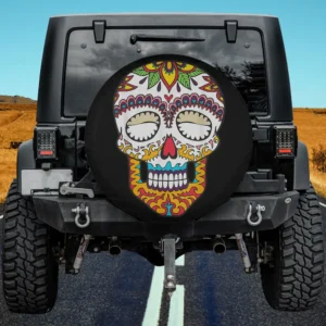 Colorful sugar skull Day Of The Dead spare tire cover without camera hole on Jeep rear