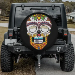 Colorful sugar skull Day Of The Dead spare tire cover with camera hole on Jeep rear