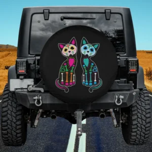 Colorful sugar skull skeleton cats day of dead spare tire cover with no camera hole for Jeep, SUV, or RV