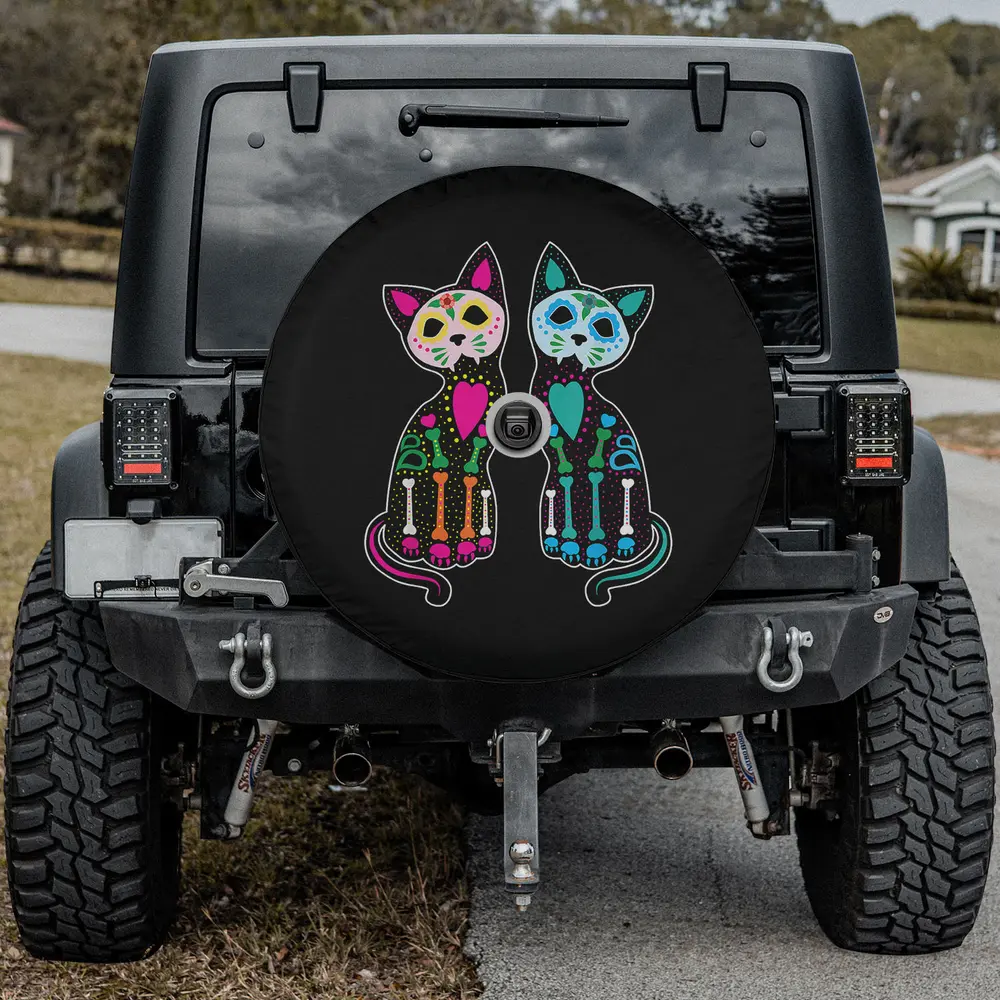 Colorful sugar skull skeleton cats day of dead spare tire cover with backup camera hole for Jeep, SUV, or RV