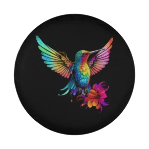 Tie-dye hummingbird and flower art design for custom spare tire cover