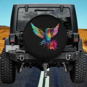 Colorful Tie-Dye Hummingbird Flower Art Spare Tire Cover No Camera Hole