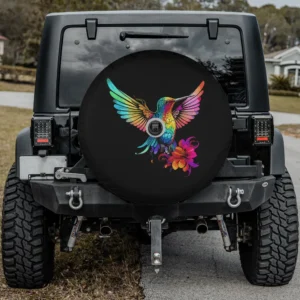 Spare tire cover with colorful tie-dye hummingbird and flower art, backup camera hole option