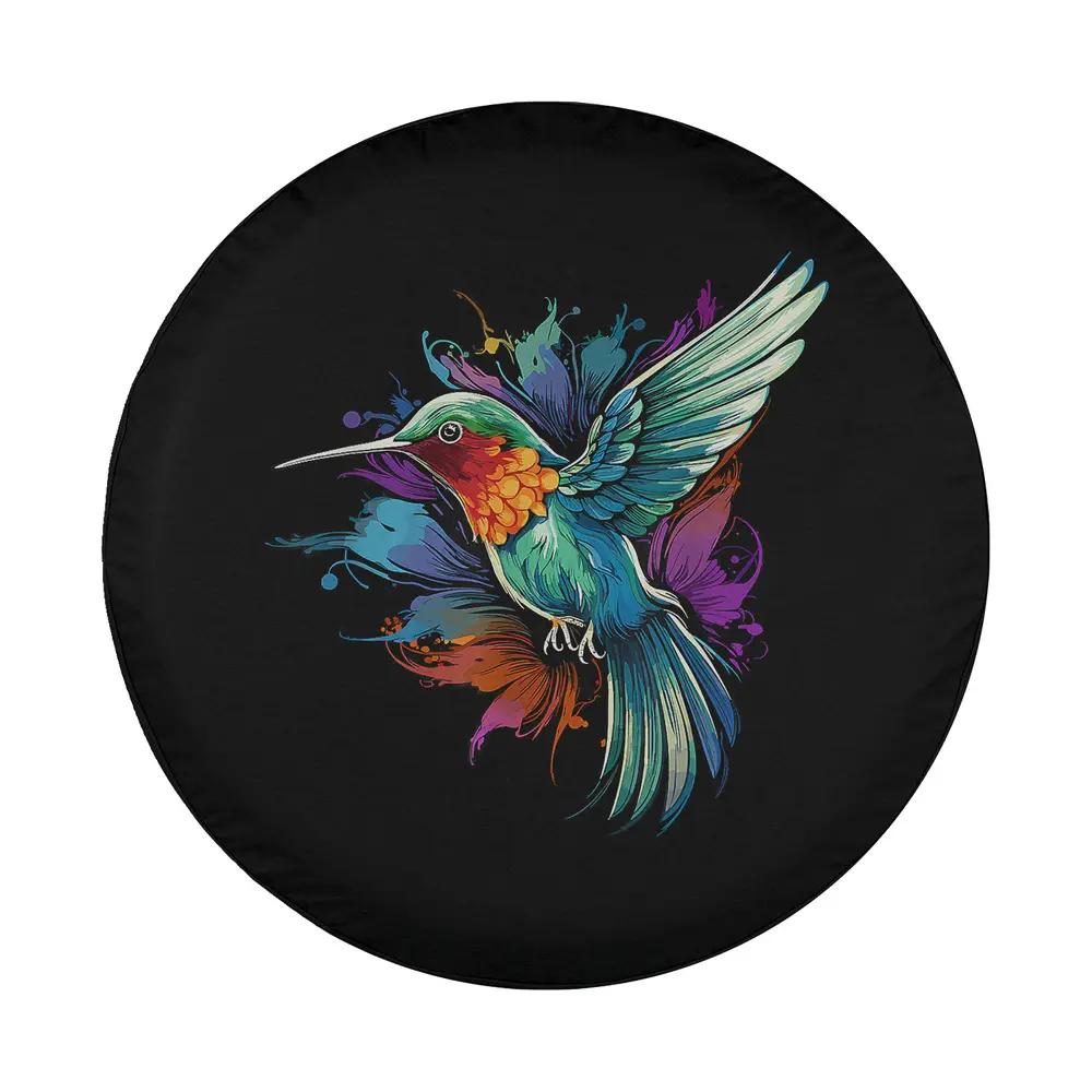 Colorful tie-dye hummingbird splash art design for spare tire covers