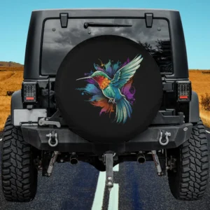 Colorful tie-dye hummingbird splash art spare tire cover with vivid watercolor for Jeep or SUV, no camera hole