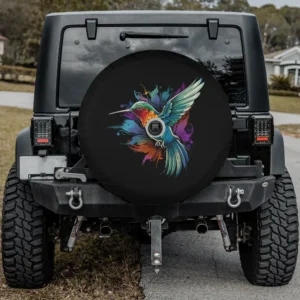 Colorful tie-dye hummingbird splash art spare tire cover, watercolor design, with backup camera hole
