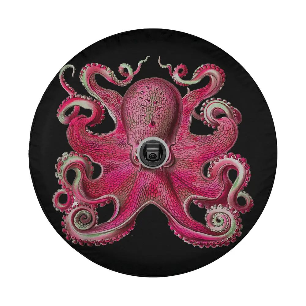 colorful vintage kraken pink octopus illustration for tire cover