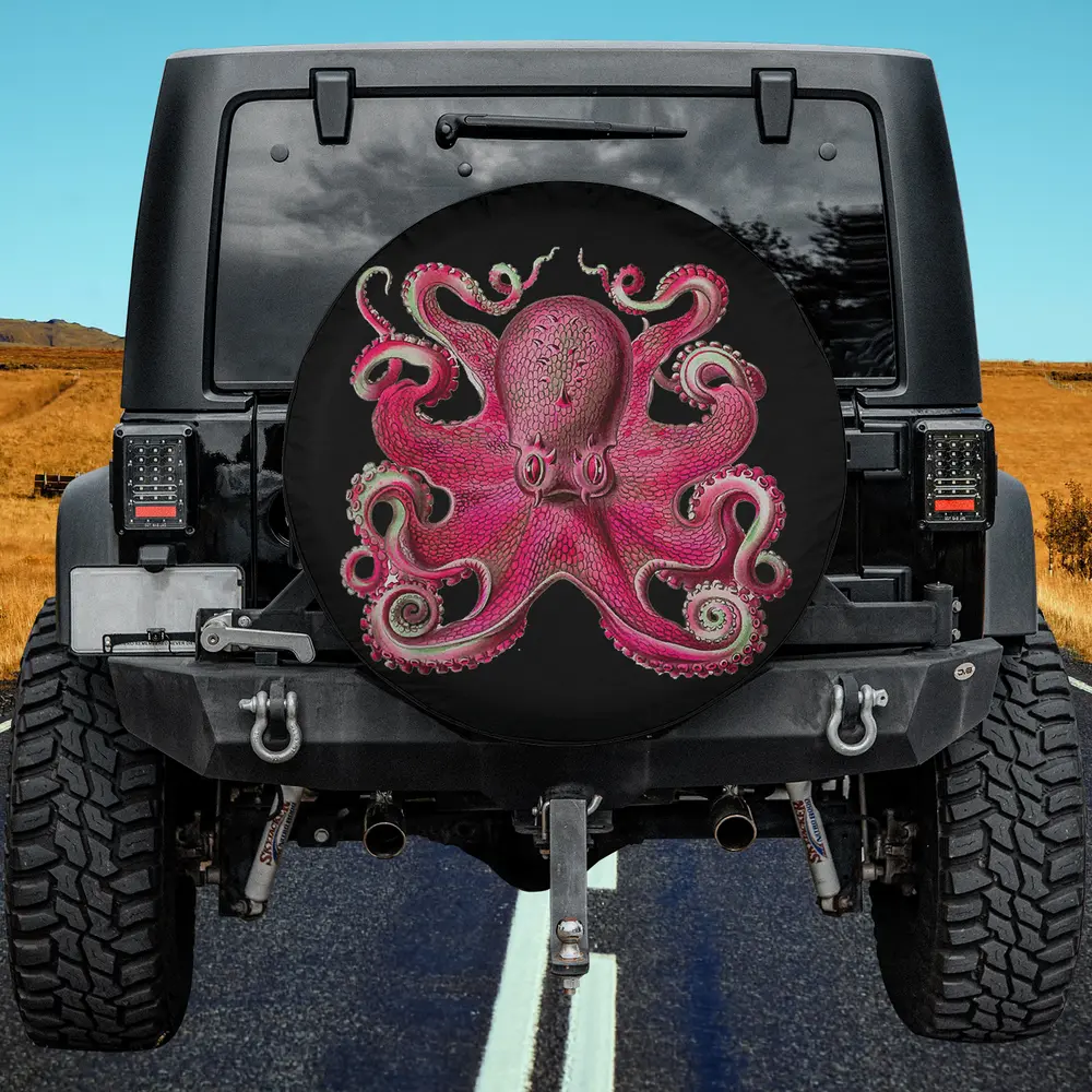 colorful vintage kraken pink octopus spare tire cover on Jeep
