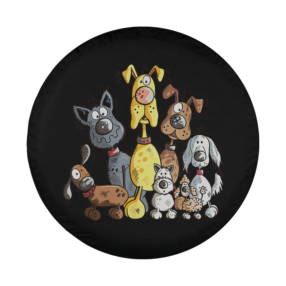 Playful cartoon dog pile group illustration for spare tire cover design