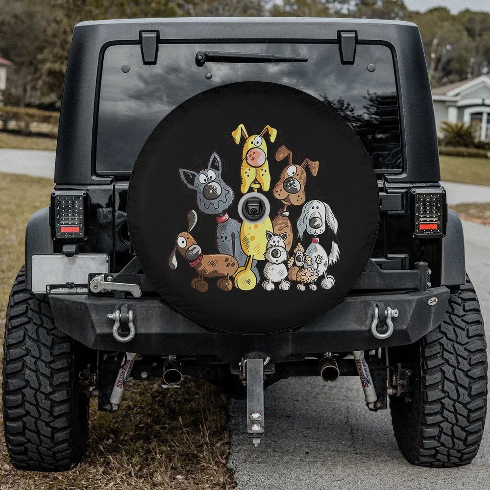 Colourful cartoon dog pile playful group spare tire cover with camera hole for Jeep SUV RV