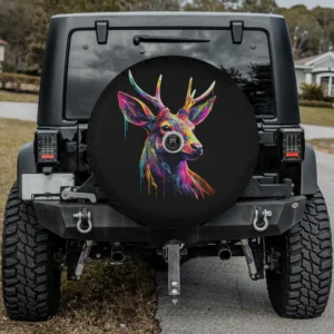 Colourful paint drip deer forest art spare tire cover for Jeep Cherokee, with camera hole