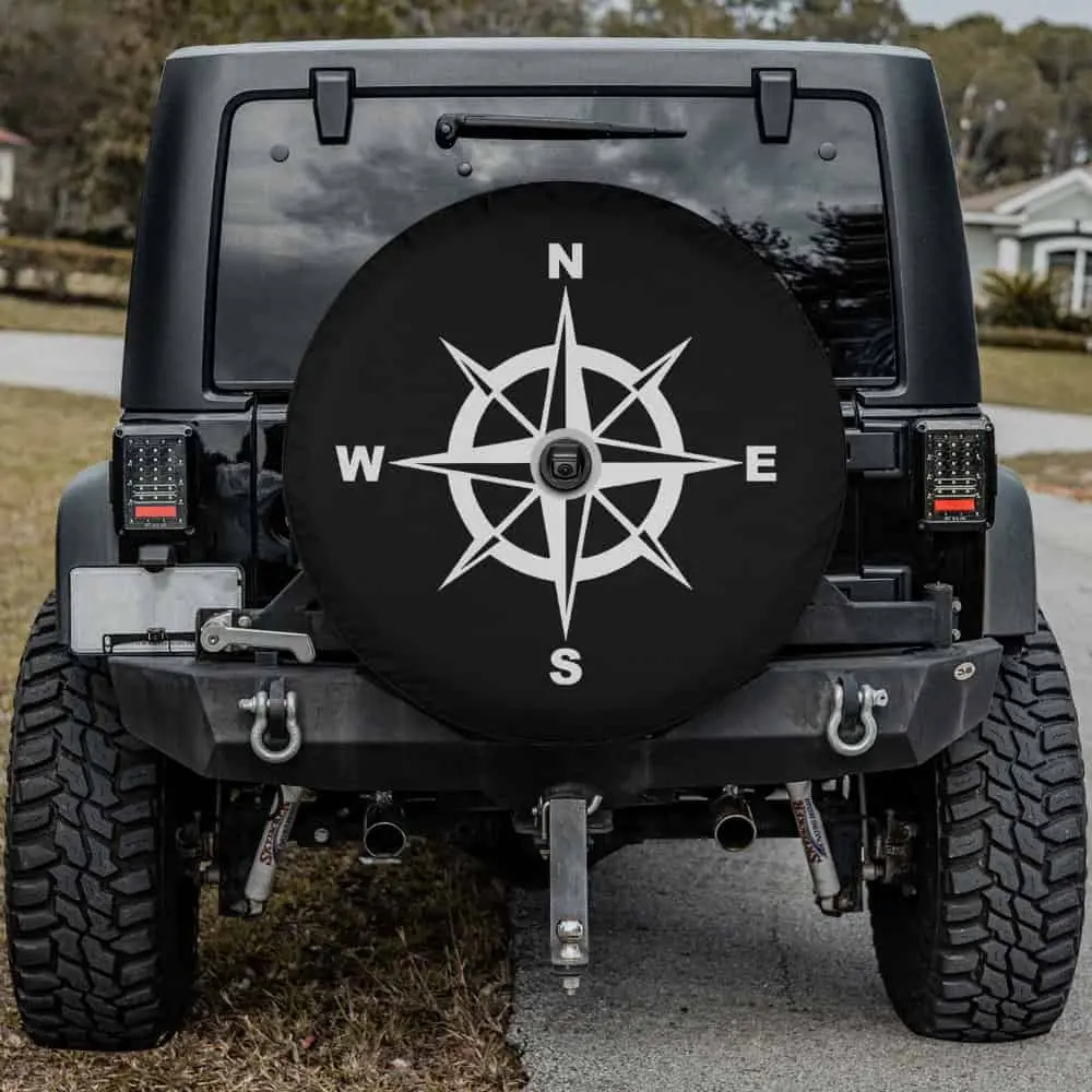 Compass cardinal points monochrome jeep spare tire cover with camera hole
