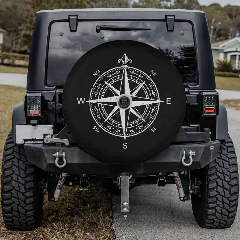 compass rose fleur-de-lis navigation rv spare tire cover with camera hole