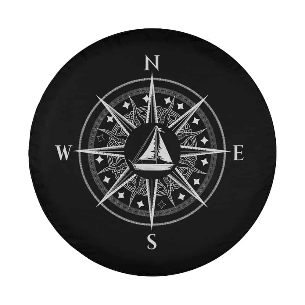 Compass rose and sailboat nautical design for spare tire cover