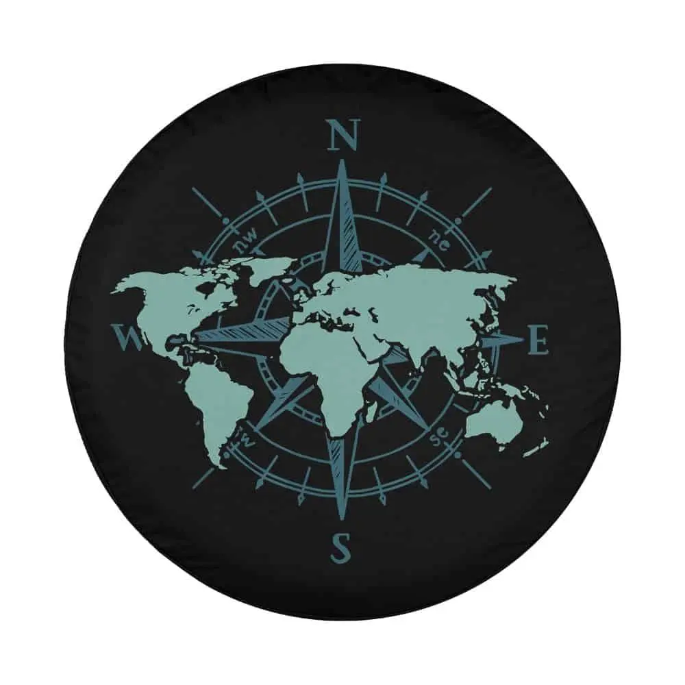 Design of teal world map and compass rose for Jeep Gladiator spare tire cover