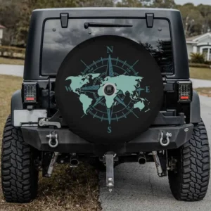 Jeep Gladiator spare tire cover teal world map compass rose, with backup camera hole