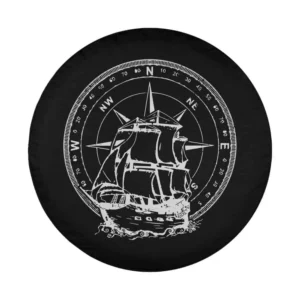 Nautical compass and sailboat line art for spare tire cover, maritime cruise theme
