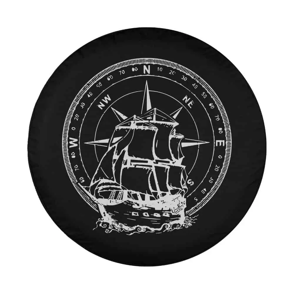 Nautical compass and sailboat line art for spare tire cover, maritime cruise theme