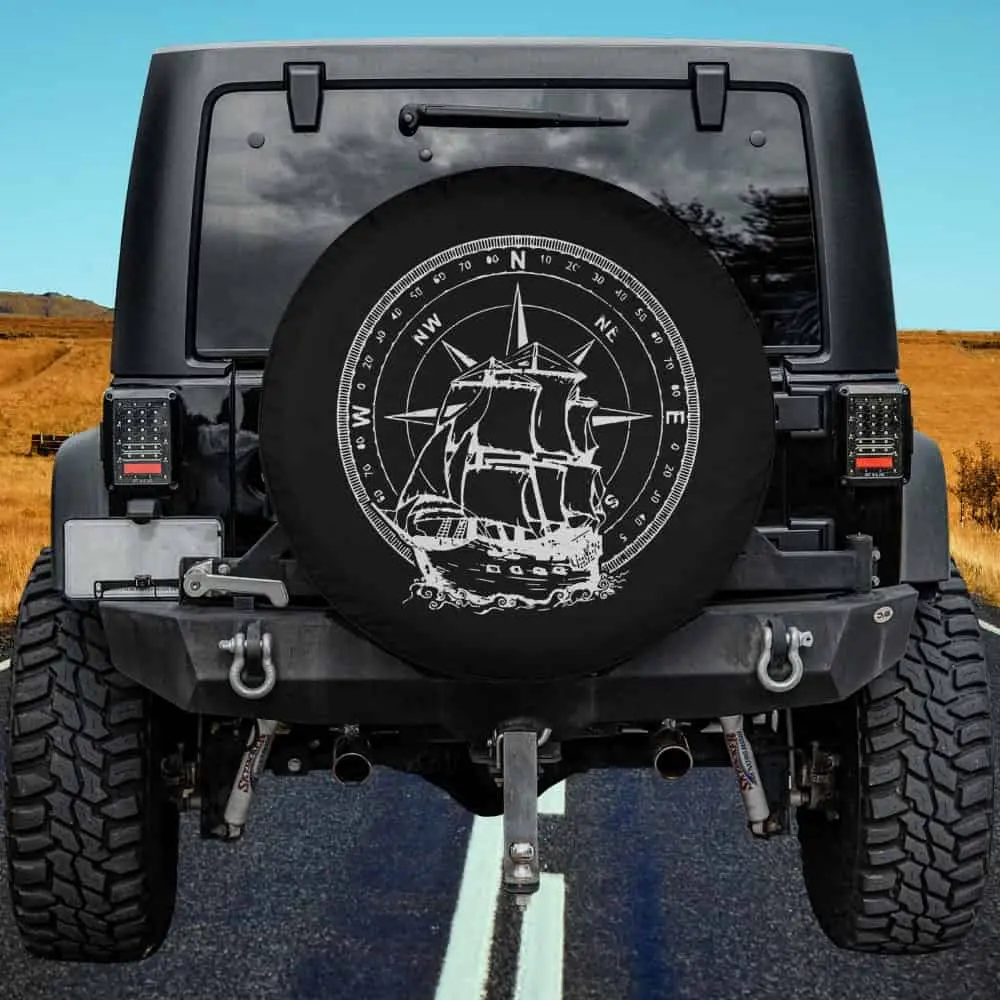 Compass sailboat sea captain maritime cruise spare tire cover with compass rose and ship design, no camera hole