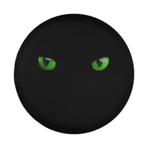 Minimalist Halloween cat face with green eyes on black tire cover design