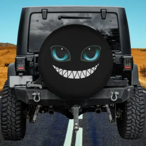 Costume grinse monster blue eyes cat spare tire cover with bold cartoon face, no camera hole