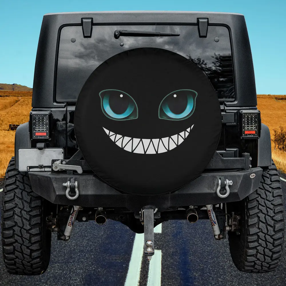 Costume grinse monster blue eyes cat spare tire cover with bold cartoon face, no camera hole