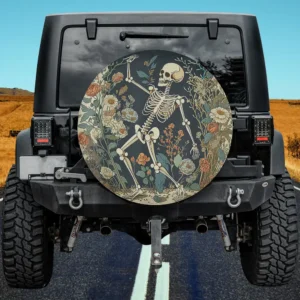 Cottagecore floral skeleton wildflower Halloween spare tire cover with no camera hole for Jeep, SUV, RV