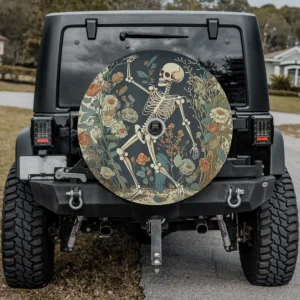 Cottagecore floral skeleton wildflower Halloween spare tire cover with backup camera hole for Jeep, SUV, RV