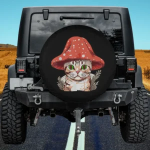 cottagecore mushroom hat cat kawaii spare tire cover with no camera hole on Jeep