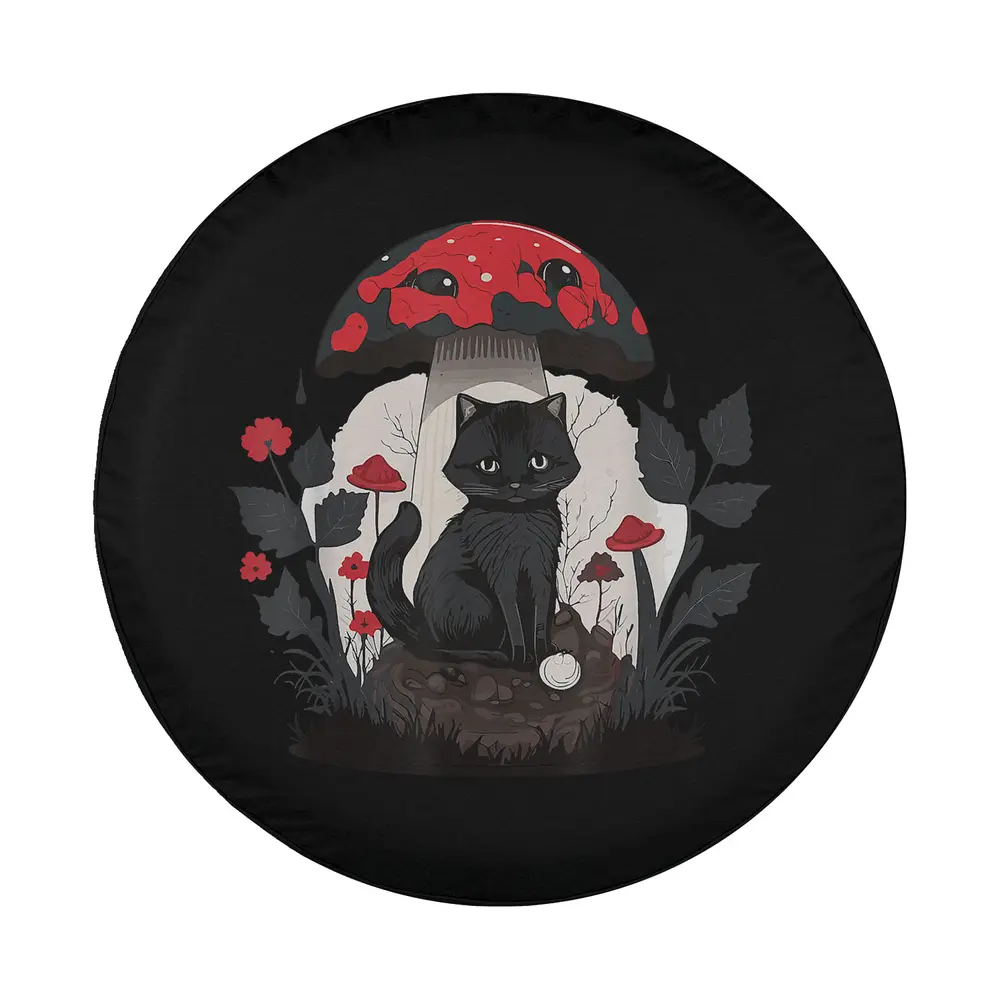 Kawaii black cat in mushroom hat with morels and red flowers design only