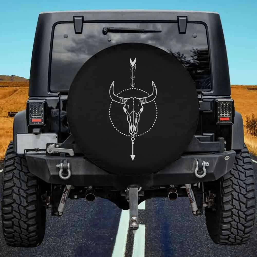 Cow skull arrow compass tattoo art spare tire cover for RV, Jeep, SUV, Trailer, no camera hole
