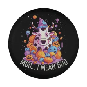 Halloween spare tire cover with cow in witch hat, jack-o-lanterns, and candy design