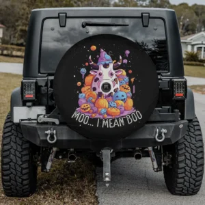 Cow in witch hat with jack-o-lanterns and candy Halloween spare tire cover, with camera hole