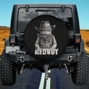cowboy hat bandana cat meowdy western spare tire cover with no camera hole on Jeep